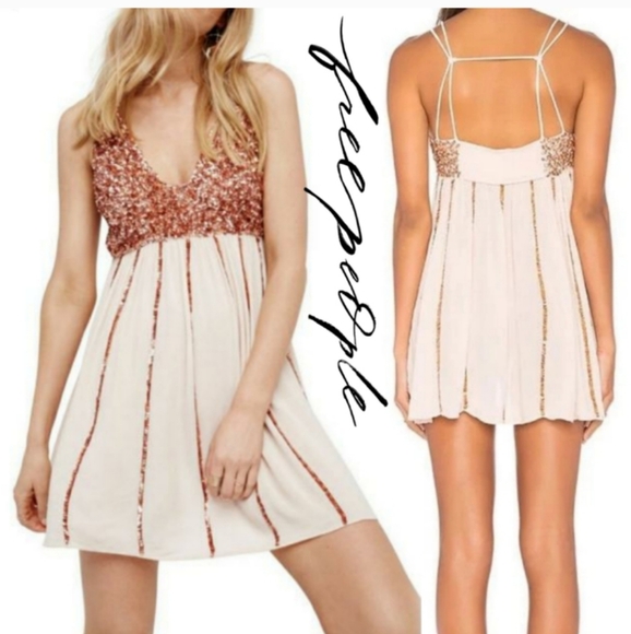 Free People Glitter Girl Sequin Rose Gold Embellished Mini Dress - Picture 2 of 16